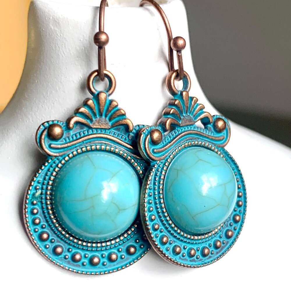 1 1/4" Ornate Southwestern Boho Burnished Gold Turquoise Bead Dangle Earrings